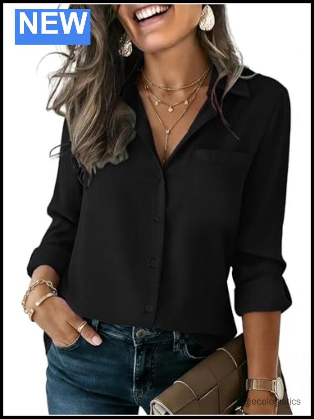 Long Sleeve Button Down Shirt with Pocket V Neck Collared Blouse Business Work
